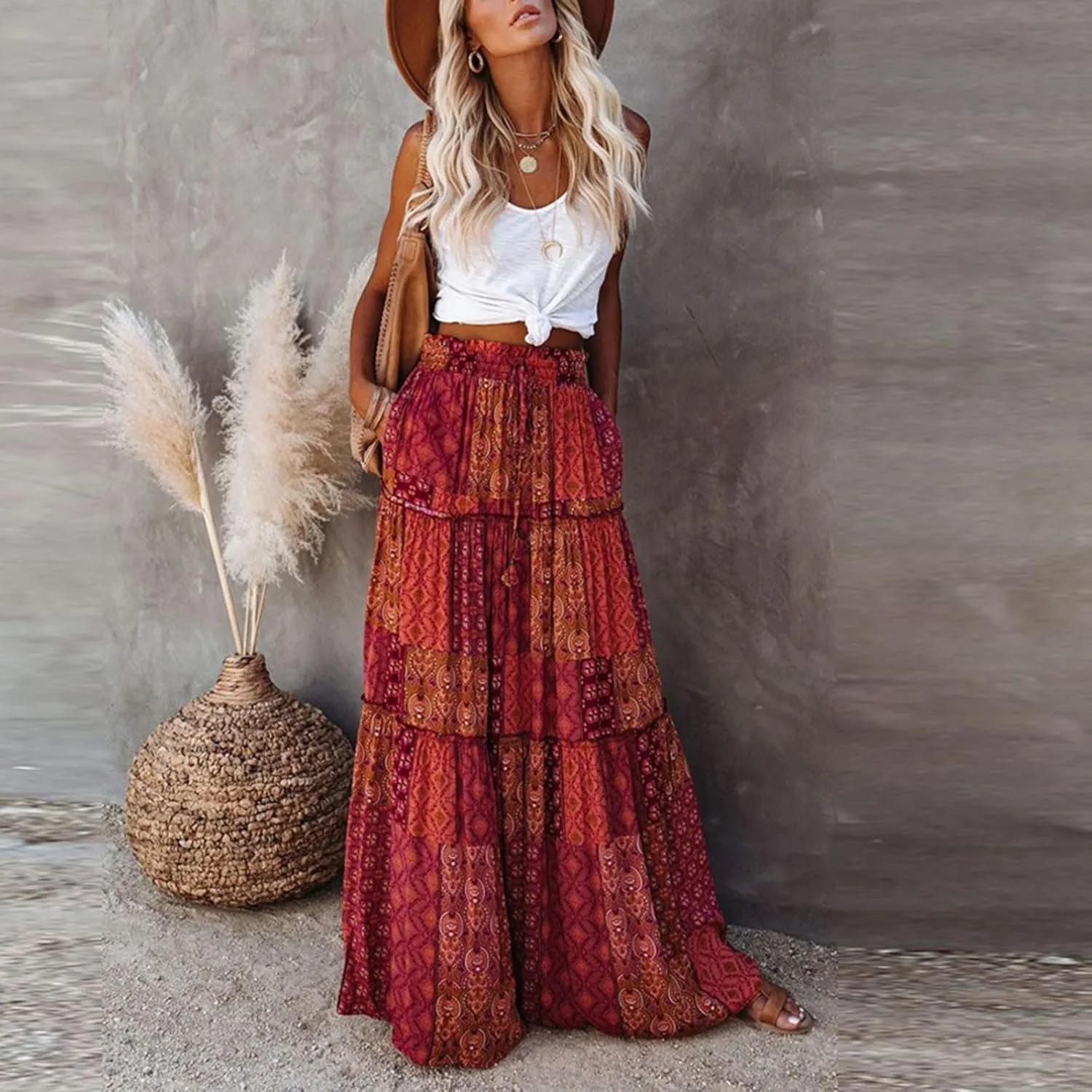 Long Skirt,Womens Boho Maxi Skirt with Pockets Linen Summer Elastic High Waisted Flowy Skirts for Women 2025
