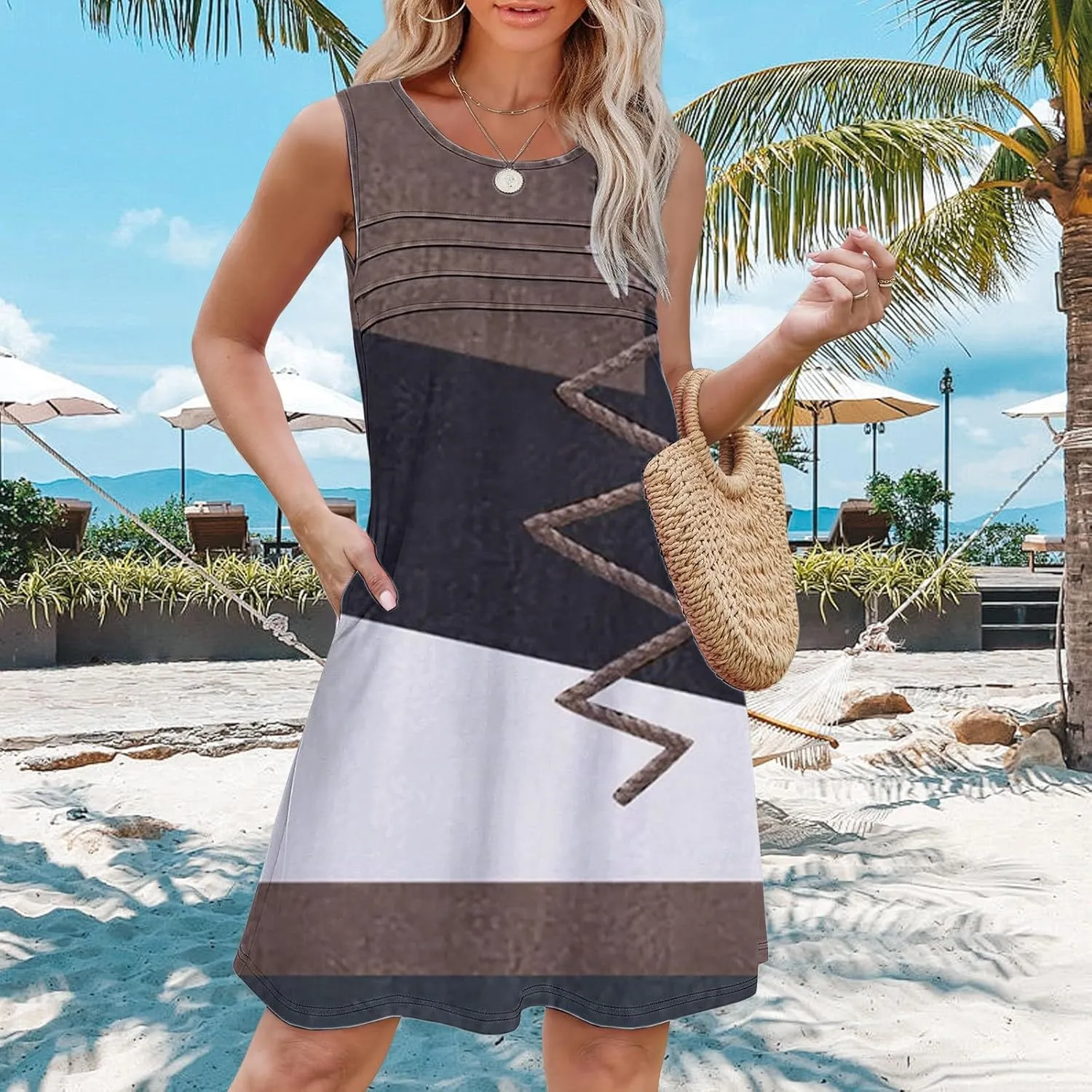 Long Sleeve Floral Dress Womens with Pockets Summer Casual Tank Dress Sleeveless Midi Beach Dress Tiered Tank Dress