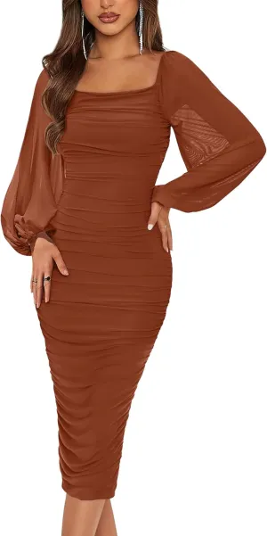 MASCOMODA Women's 2025 Long Puff Sleeve Ruched Midi Bodycon Dress Sexy Mesh Wedding Guest Party Cocktail Dresses