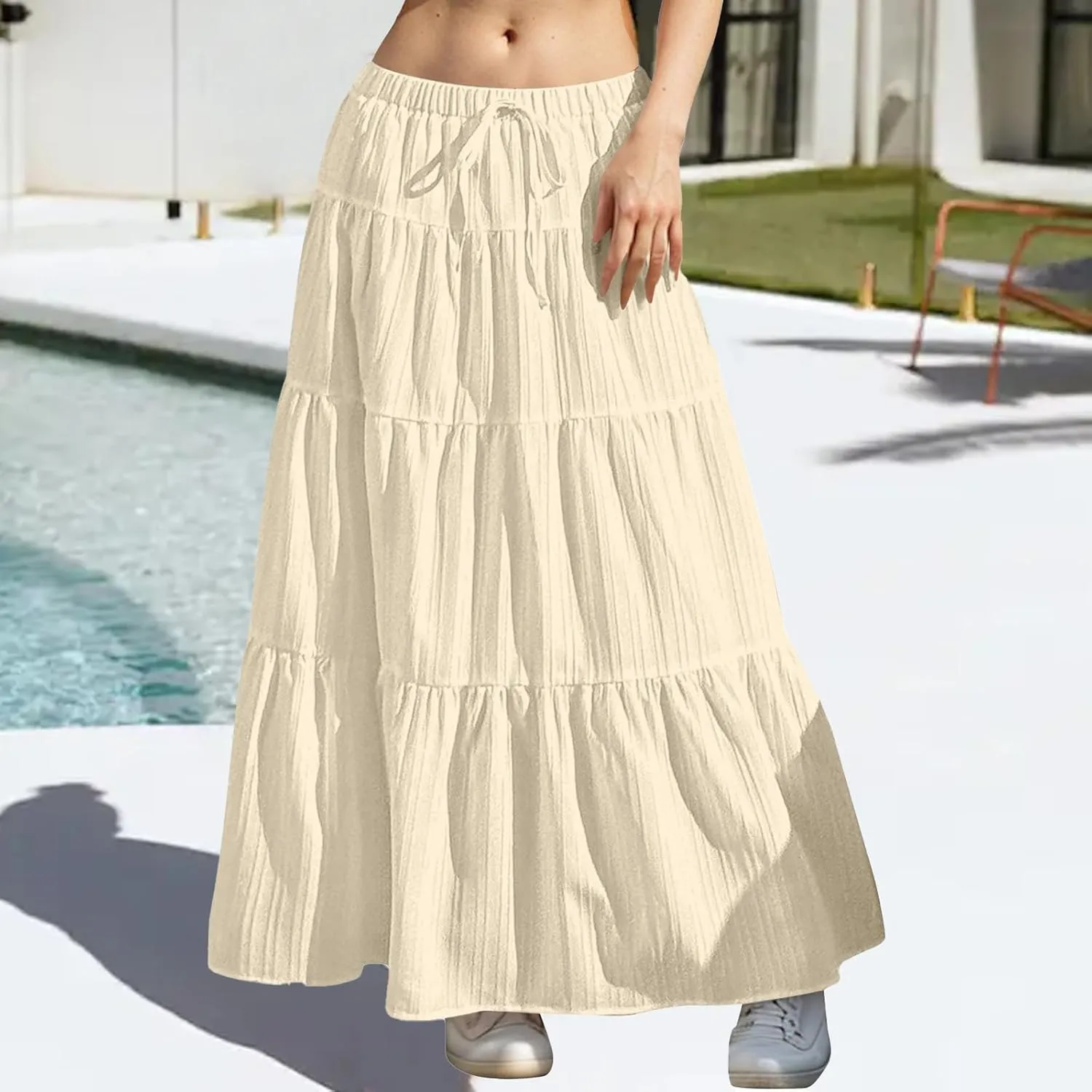 Maxi Skirt for Women 2025 Vacation Boho Flowy Swing Tiered A-Line Maxi Skirts Elastic Waist Pleated Long Beach Dress