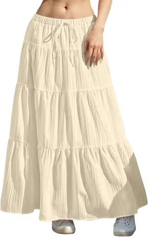 Maxi Skirt for Women 2025 Vacation Boho Flowy Swing Tiered A-Line Maxi Skirts Elastic Waist Pleated Long Beach Dress