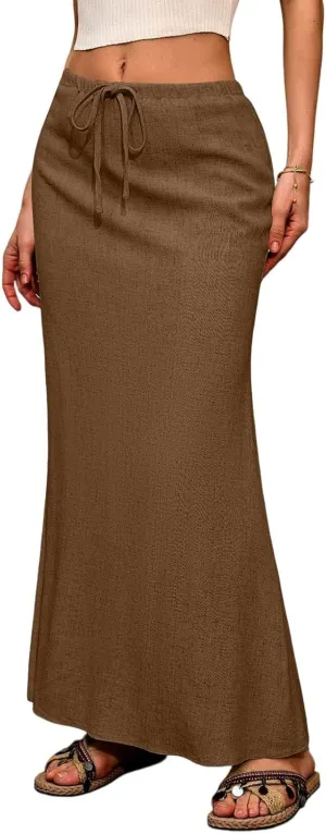 Maxi Skirts for Women 2025 Summer Linen Fishtail Split Long Skirts Drawstring Low Waist Vacation Boho Flowy Skirt