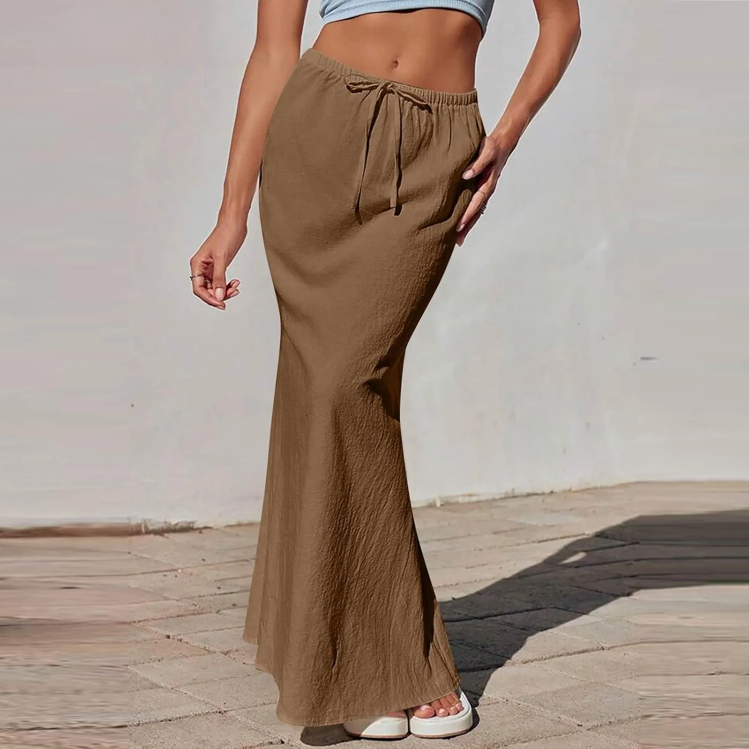 Maxi Skirts for Women 2025 Summer Linen Fishtail Split Long Skirts Drawstring Low Waist Vacation Boho Flowy Skirt