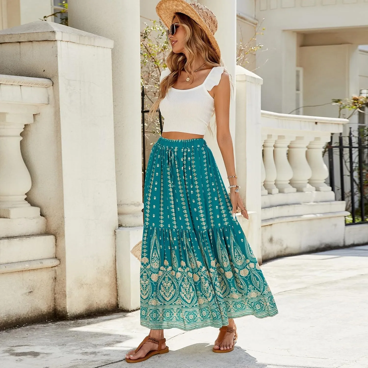 Maxi Skirts for Women, Wrap Drawstring Tiered Flowy Skirts 2025 Trendy Long Boho Skirt Spring Summer Bohemian