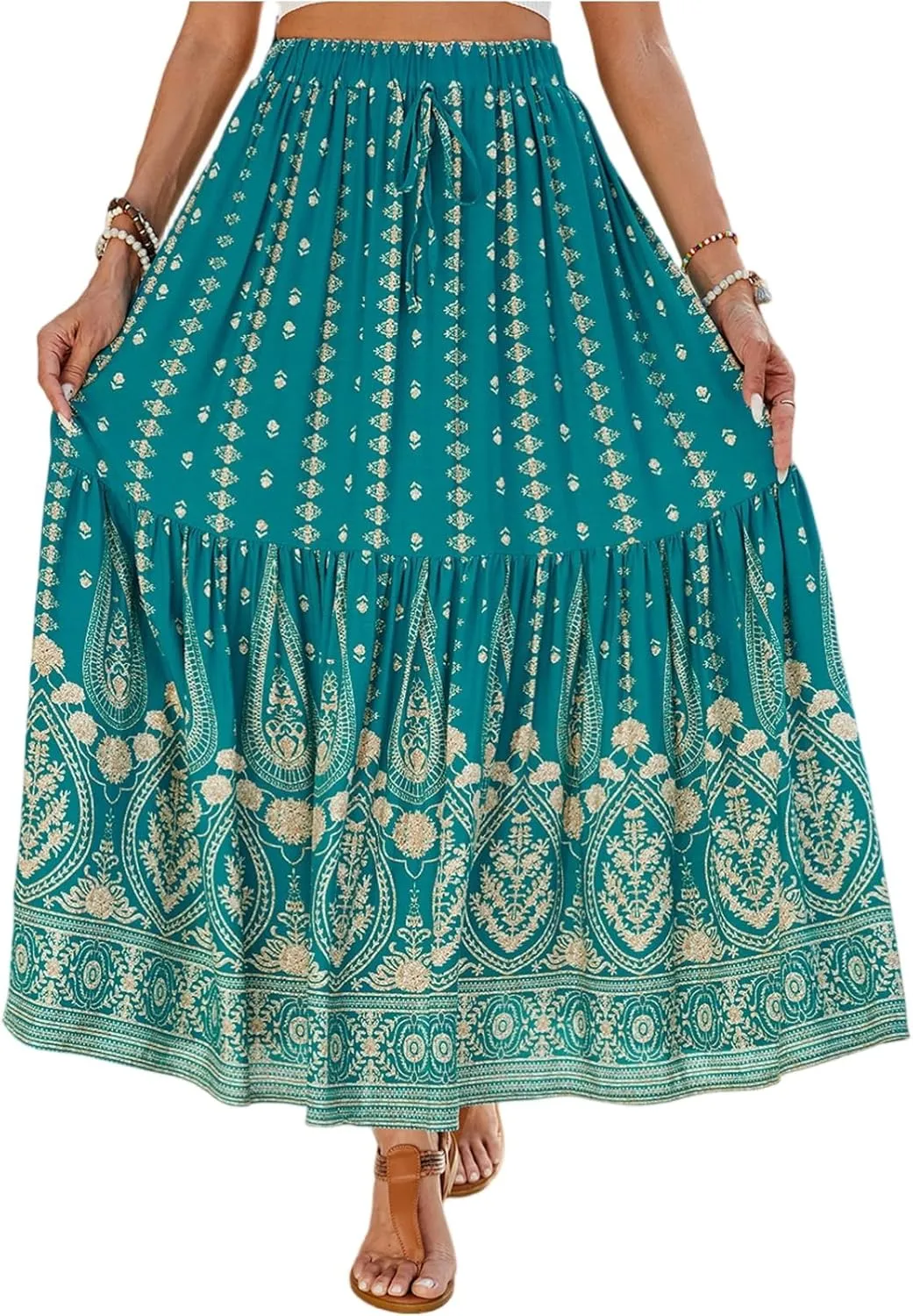 Maxi Skirts for Women, Wrap Drawstring Tiered Flowy Skirts 2025 Trendy Long Boho Skirt Spring Summer Bohemian
