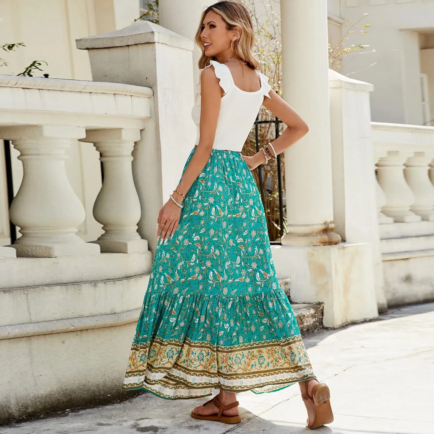 Maxi Skirts for Women,Beach Vacation Hawaiian Long Boho Skirt Spring Summer Elastic Waist Flowy Skirts 2025 Trendy
