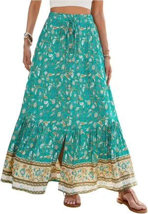 Maxi Skirts for Women,Beach Vacation Hawaiian Long Boho Skirt Spring Summer Elastic Waist Flowy Skirts 2025 Trendy