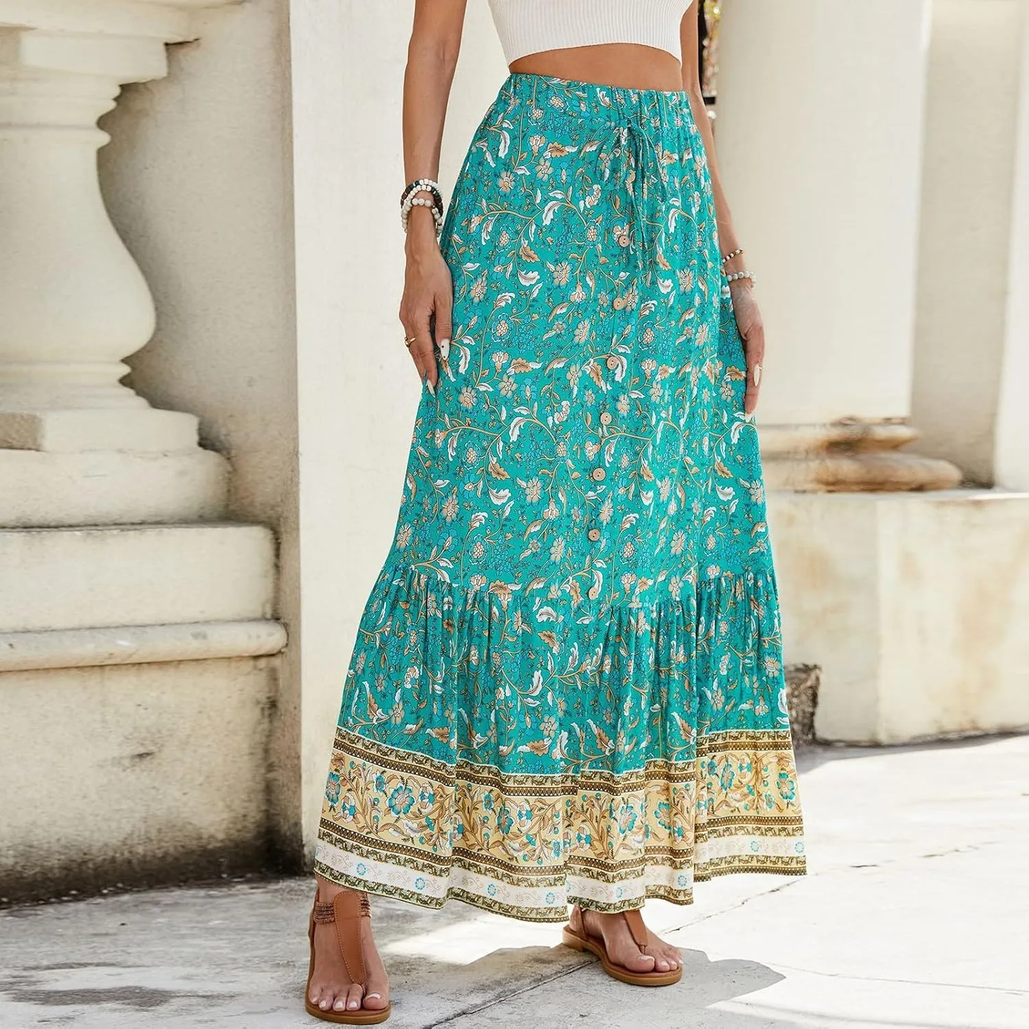 Maxi Skirts for Women,Beach Vacation Hawaiian Long Boho Skirt Spring Summer Elastic Waist Flowy Skirts 2025 Trendy