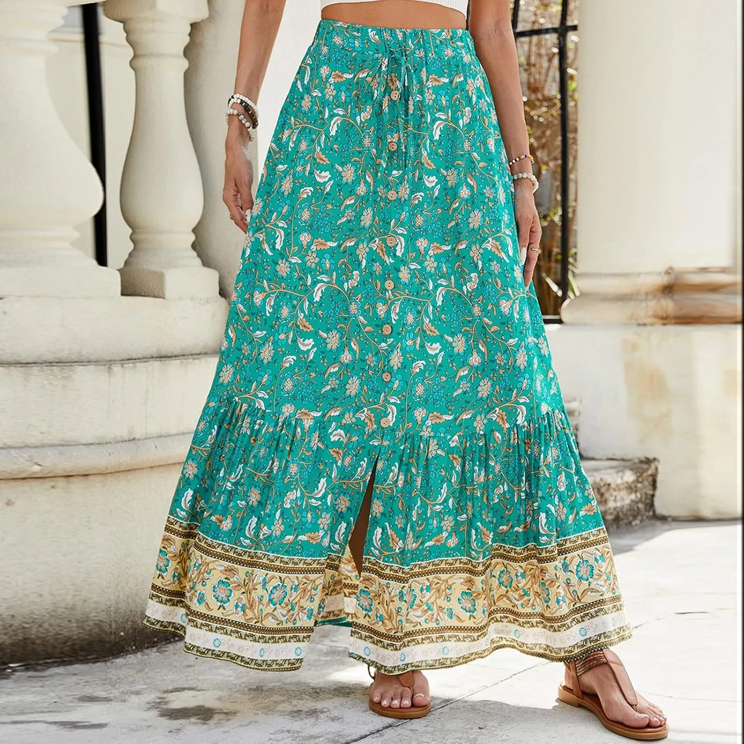 Maxi Skirts for Women,Beach Vacation Hawaiian Long Boho Skirt Spring Summer Elastic Waist Flowy Skirts 2025 Trendy