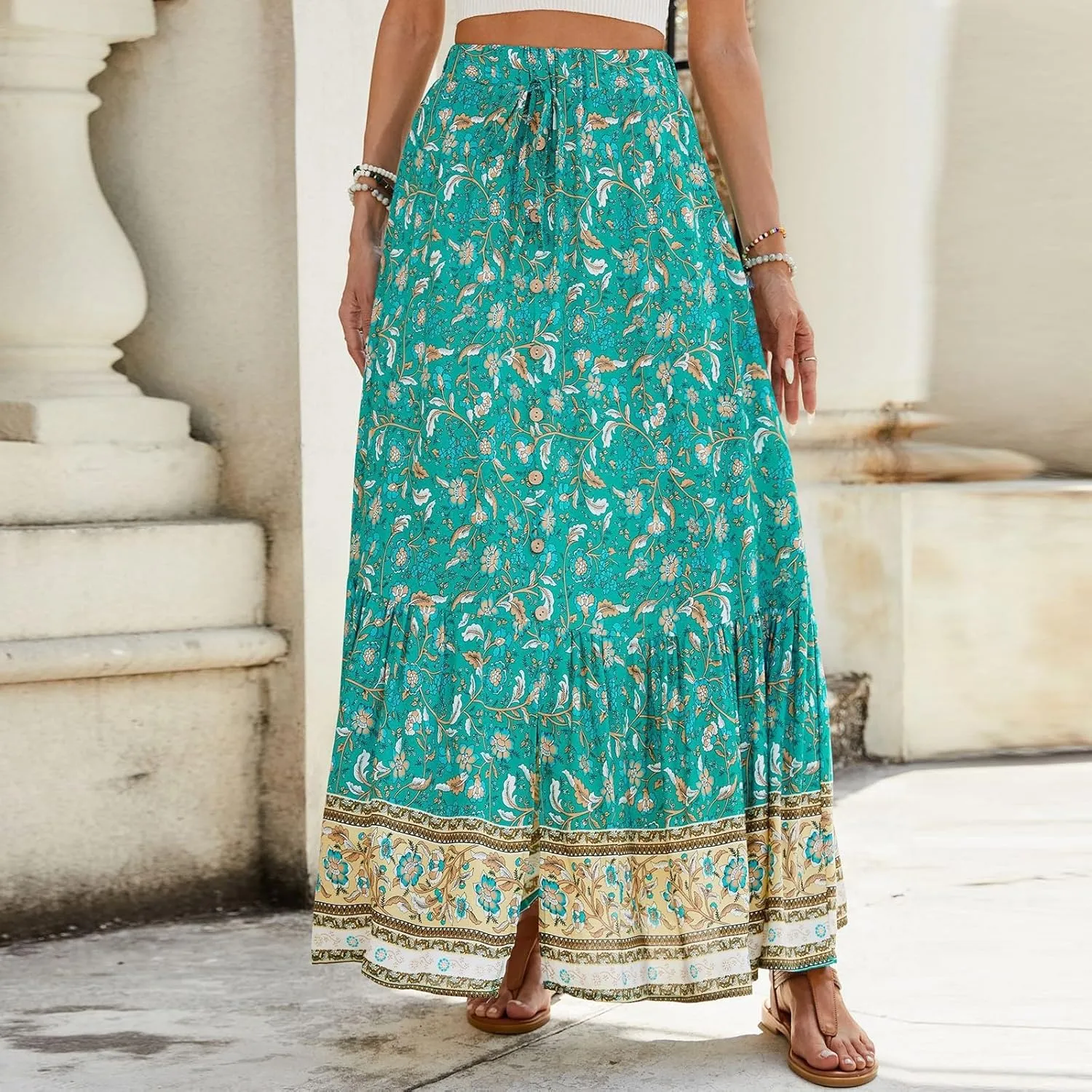 Maxi Skirts for Women,Beach Vacation Hawaiian Long Boho Skirt Spring Summer Elastic Waist Flowy Skirts 2025 Trendy
