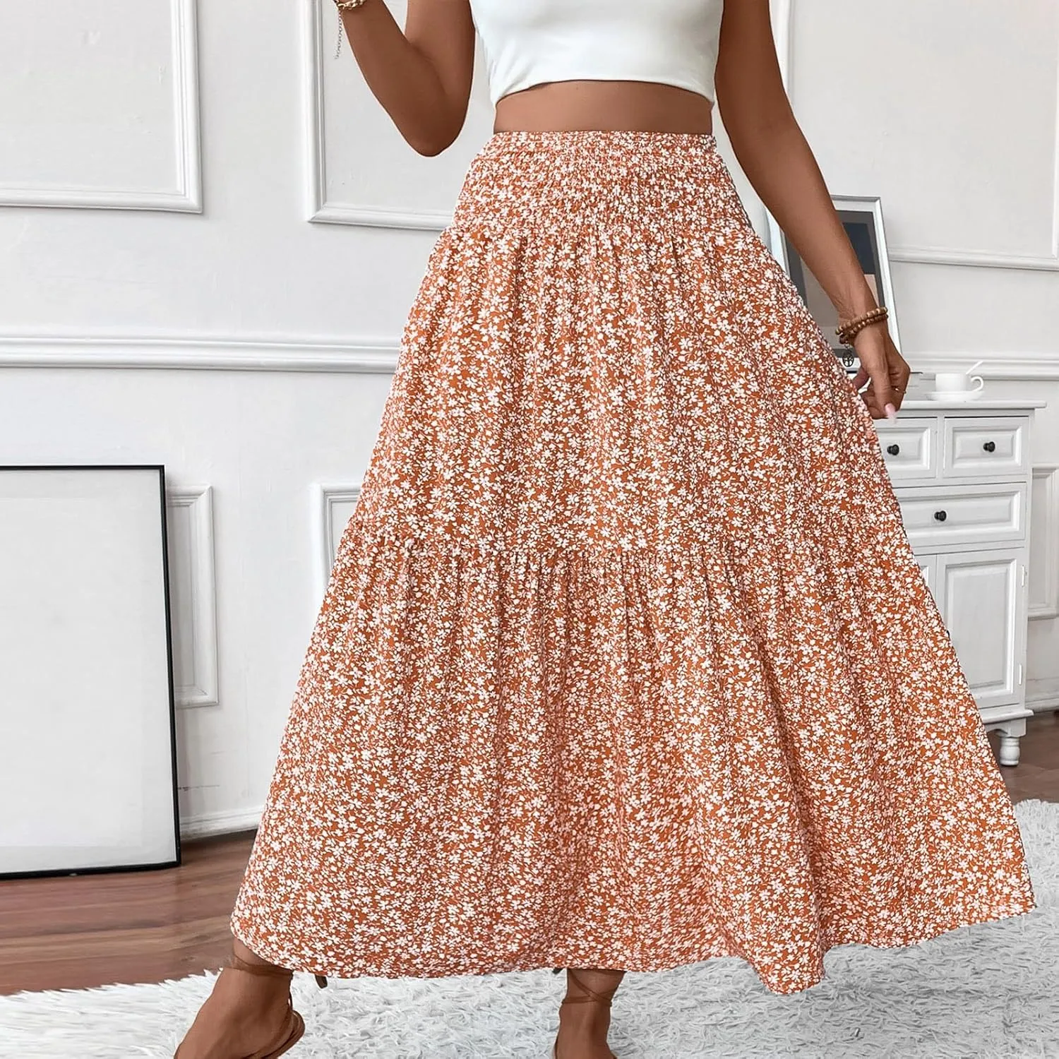 Maxi Skirts for Women,Flowy Long Skirts 2025 Trendy Pleated High Waisted Womens Boho Maxi Skirt with Pockets