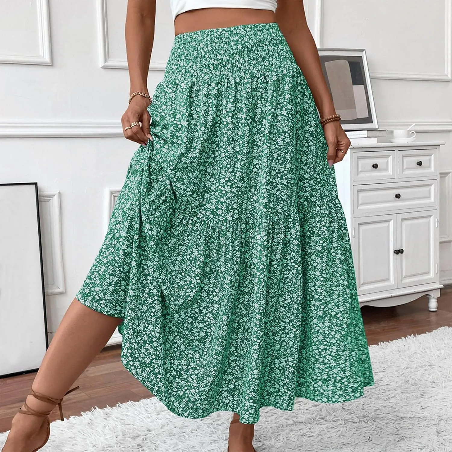 Maxi Skirts for Women,Flowy Long Skirts 2025 Trendy Pleated High Waisted Womens Boho Maxi Skirt with Pockets