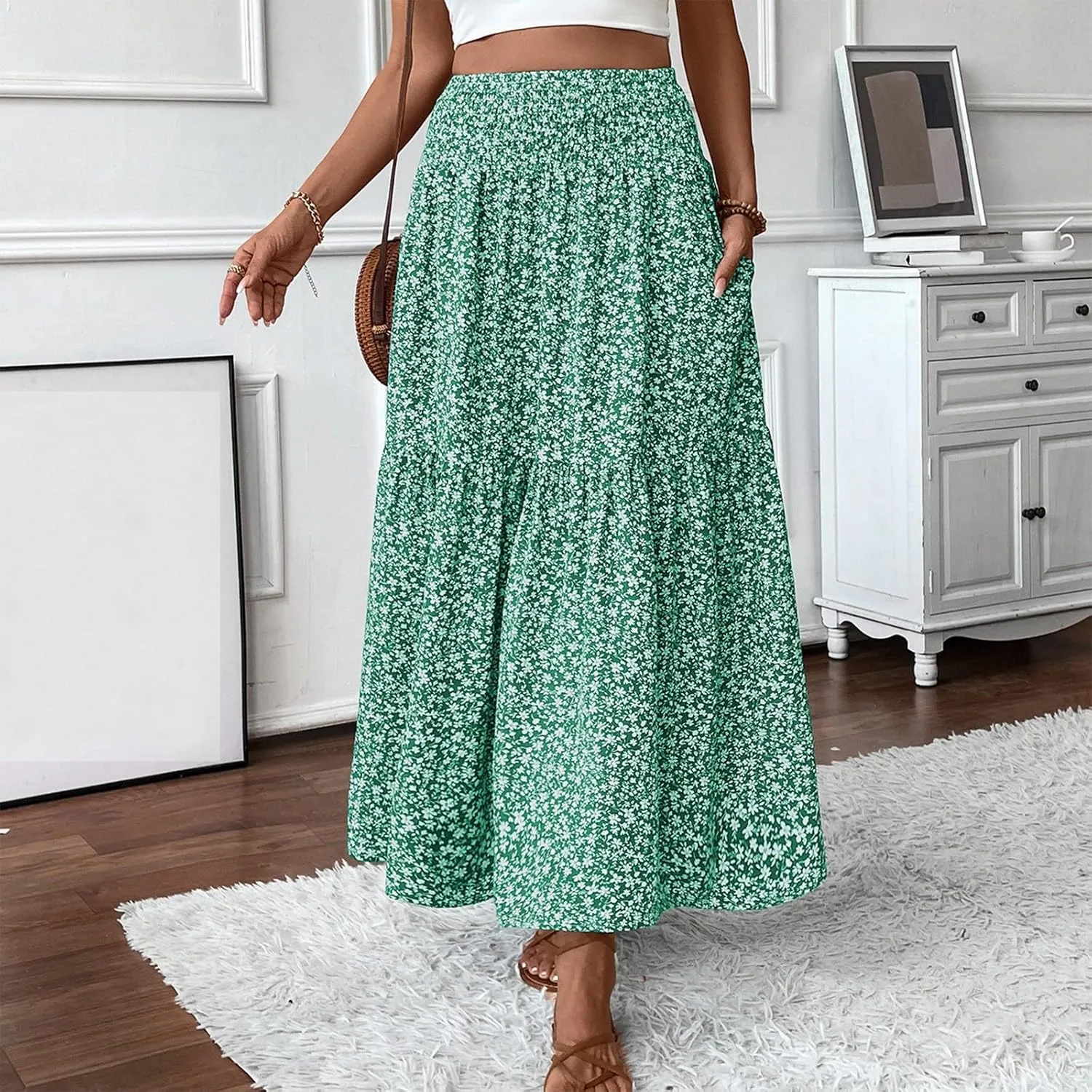 Maxi Skirts for Women,Flowy Long Skirts 2025 Trendy Pleated High Waisted Womens Boho Maxi Skirt with Pockets