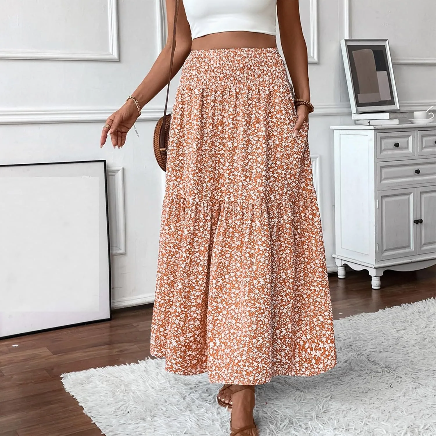 Maxi Skirts for Women,Flowy Long Skirts 2025 Trendy Pleated High Waisted Womens Boho Maxi Skirt with Pockets