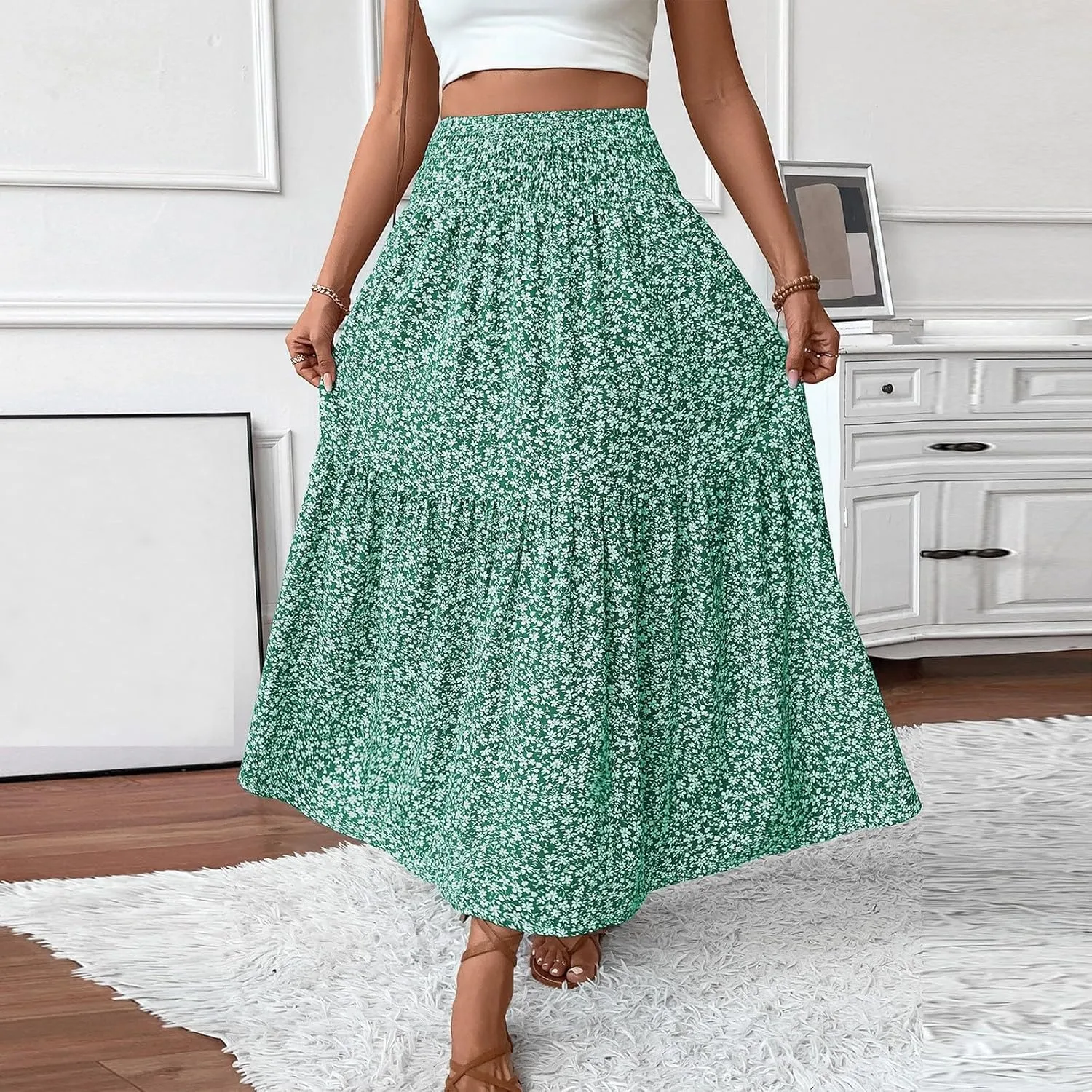 Maxi Skirts for Women,Flowy Long Skirts 2025 Trendy Pleated High Waisted Womens Boho Maxi Skirt with Pockets