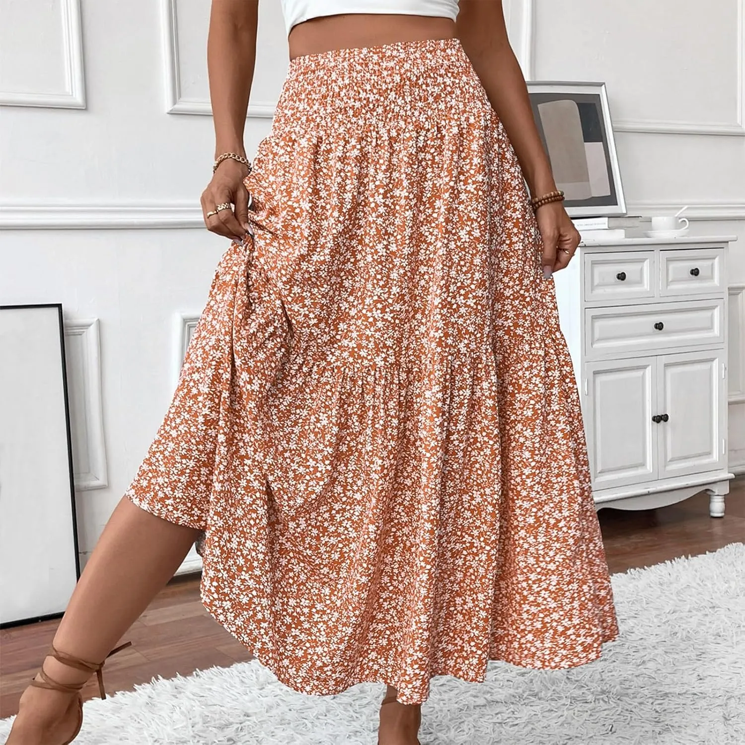 Maxi Skirts for Women,Flowy Long Skirts 2025 Trendy Pleated High Waisted Womens Boho Maxi Skirt with Pockets