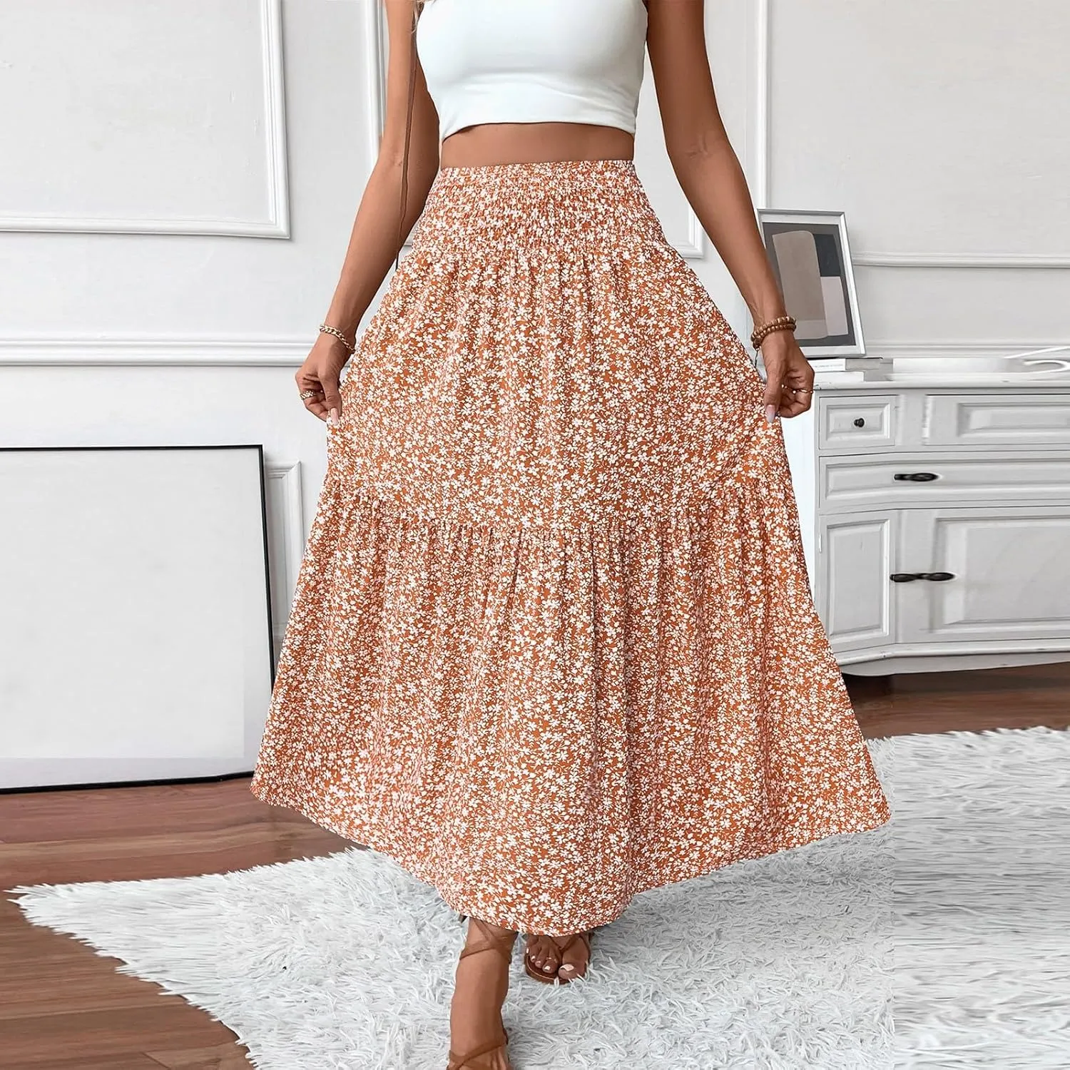 Maxi Skirts for Women,Flowy Long Skirts 2025 Trendy Pleated High Waisted Womens Boho Maxi Skirt with Pockets