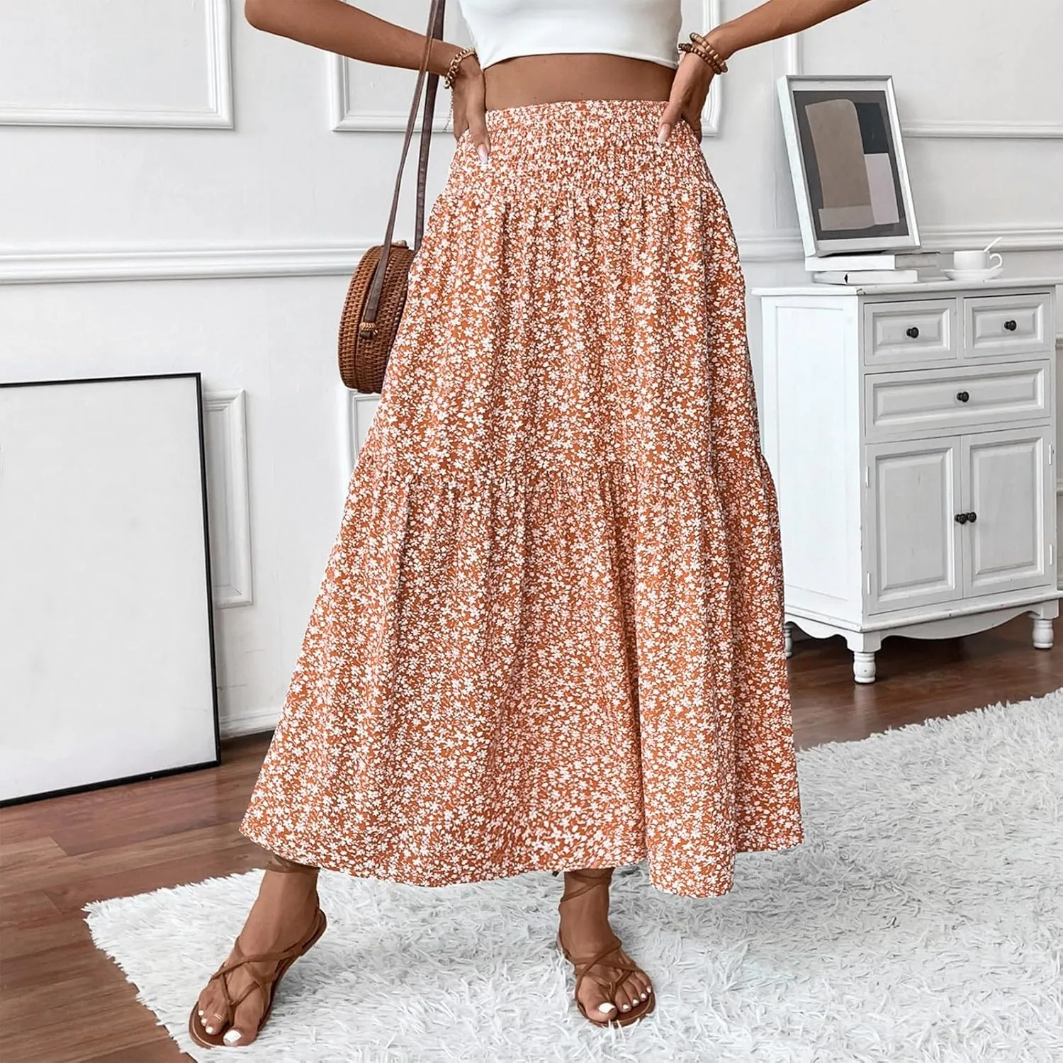 Maxi Skirts for Women,Flowy Long Skirts 2025 Trendy Pleated High Waisted Womens Boho Maxi Skirt with Pockets