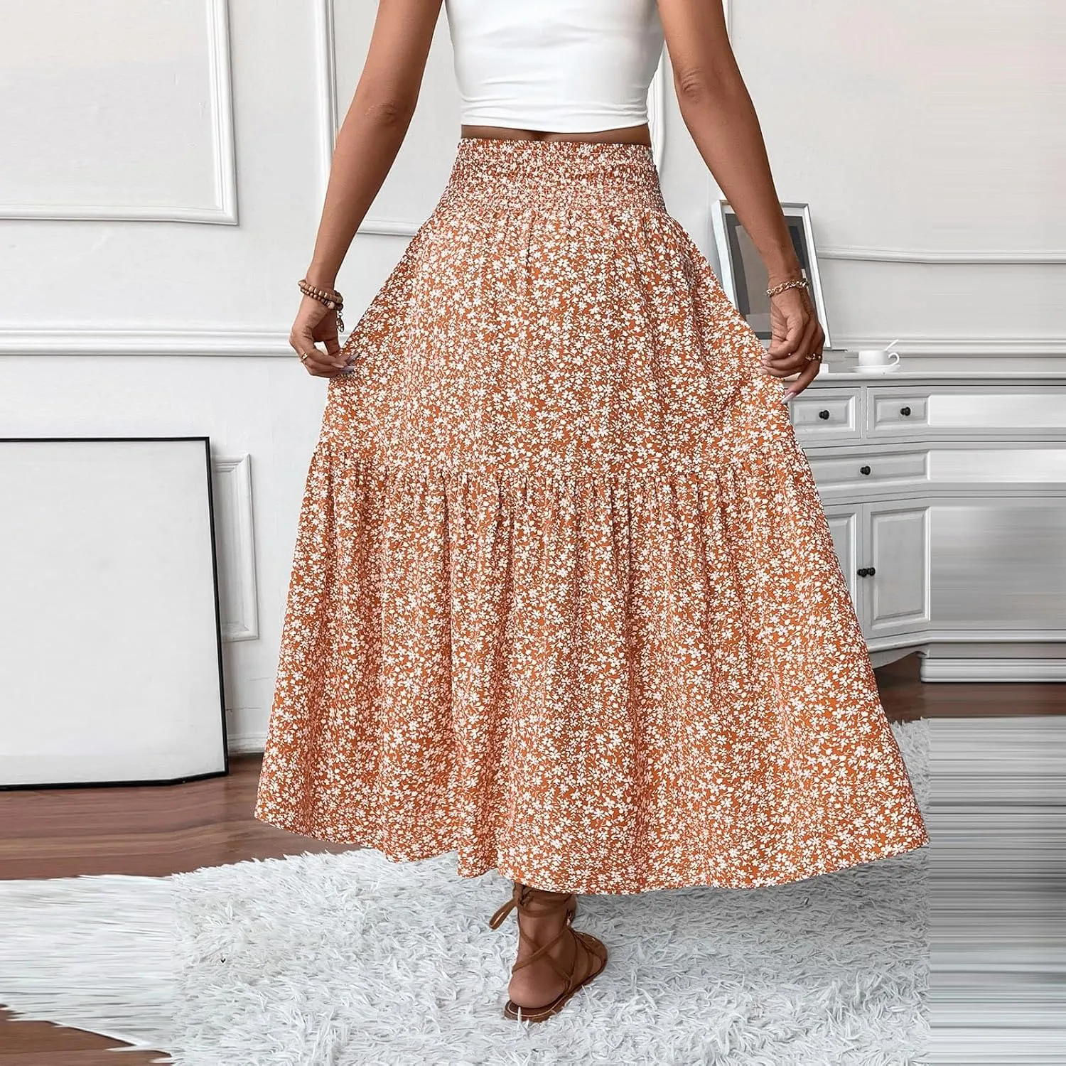 Maxi Skirts for Women,Flowy Long Skirts 2025 Trendy Pleated High Waisted Womens Boho Maxi Skirt with Pockets