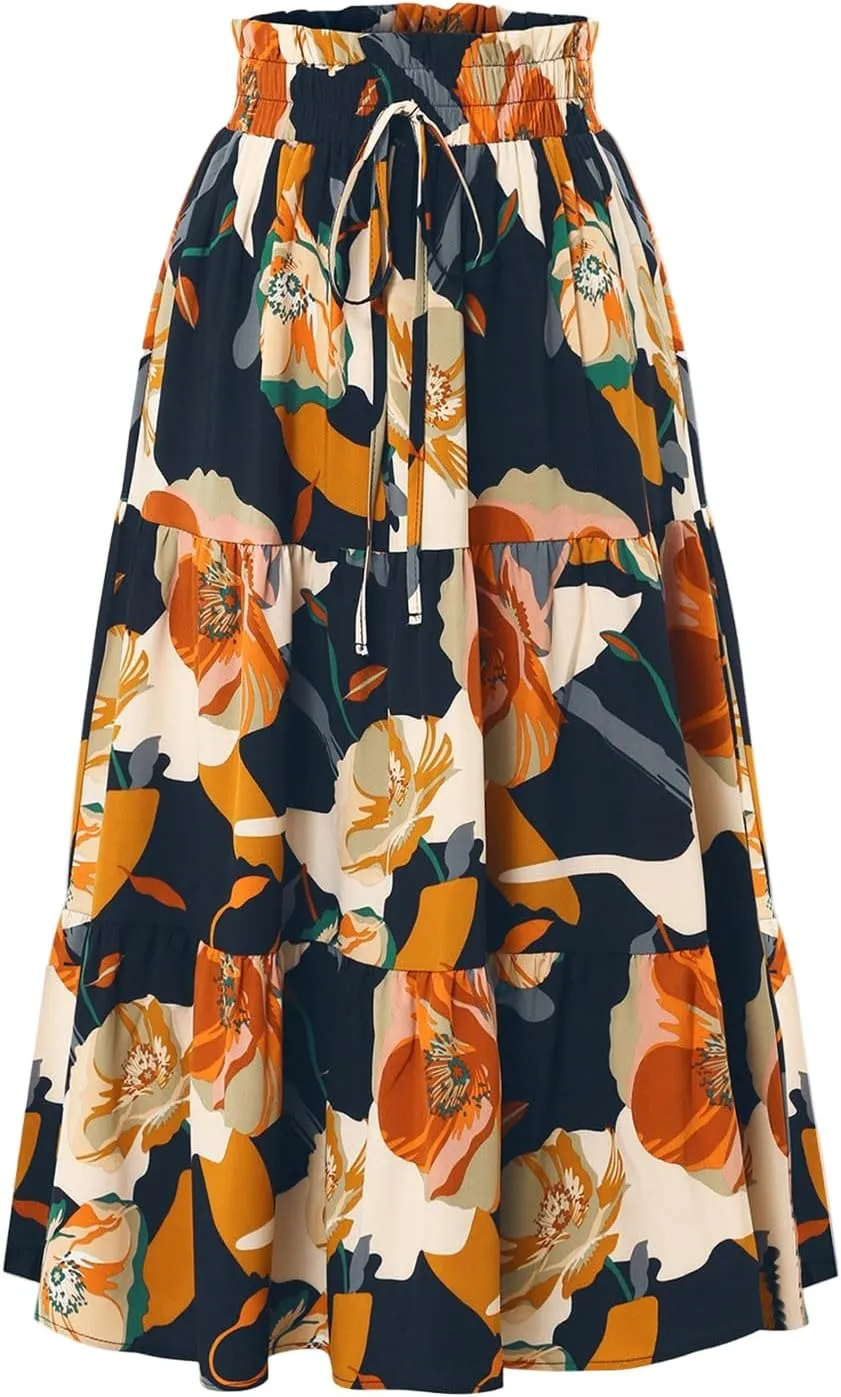 Maxi Skirts for Women,Trendy High Waisted Womens Boho Maxi Skirt with Pockets Pleated Flowy Long Skirts 2025