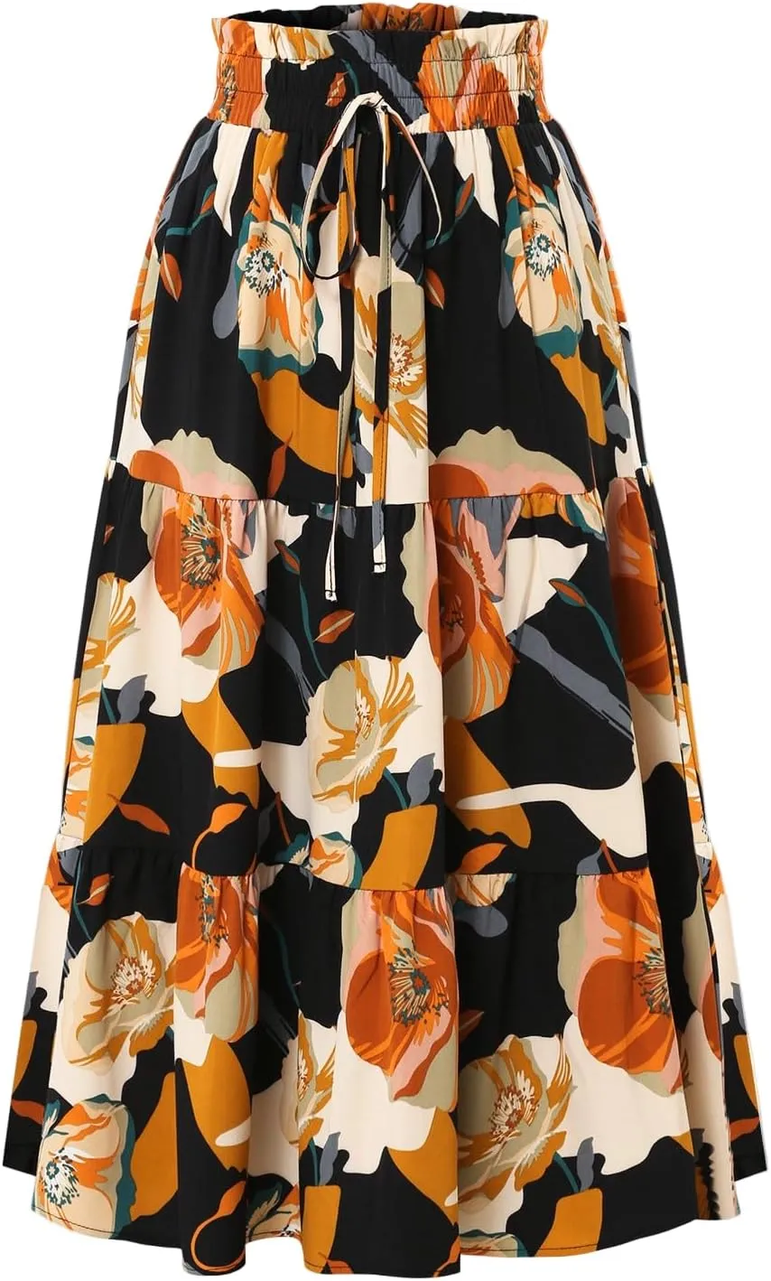Maxi Skirts for Women,Trendy High Waisted Womens Boho Maxi Skirt with Pockets Pleated Flowy Long Skirts 2025