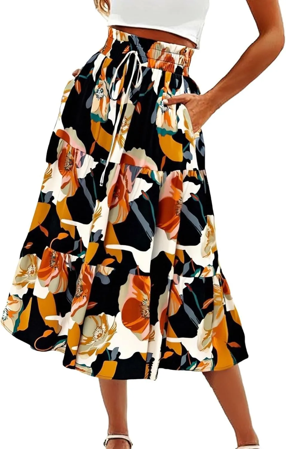 Maxi Skirts for Women,Trendy High Waisted Womens Boho Maxi Skirt with Pockets Pleated Flowy Long Skirts 2025