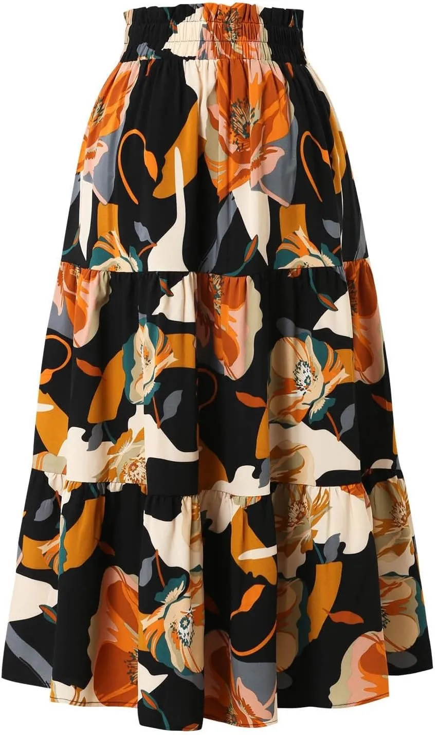 Maxi Skirts for Women,Trendy High Waisted Womens Boho Maxi Skirt with Pockets Pleated Flowy Long Skirts 2025