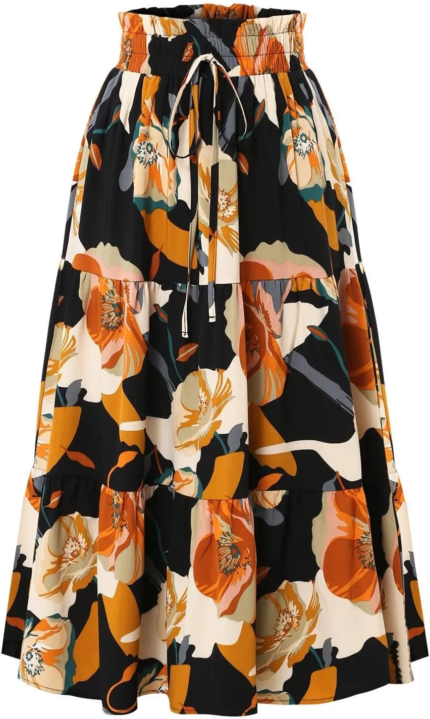 Maxi Skirts for Women,Trendy High Waisted Womens Boho Maxi Skirt with Pockets Pleated Flowy Long Skirts 2025