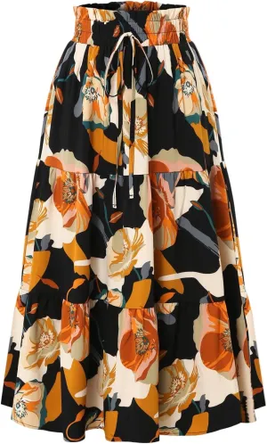 Maxi Skirts for Women,Trendy High Waisted Womens Boho Maxi Skirt with Pockets Pleated Flowy Long Skirts 2025