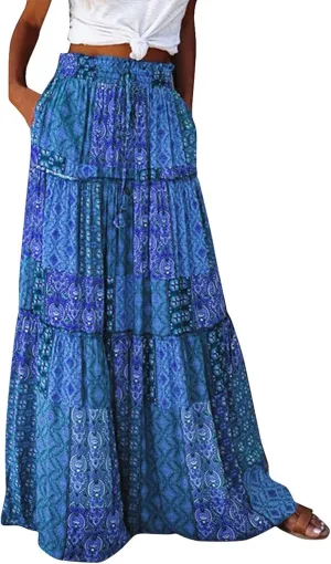 Maxi Skirts for Women,Womens Boho Maxi Skirt with Pockets Trendy Linen Elastic High Waisted Flowy Long Skirts 2025