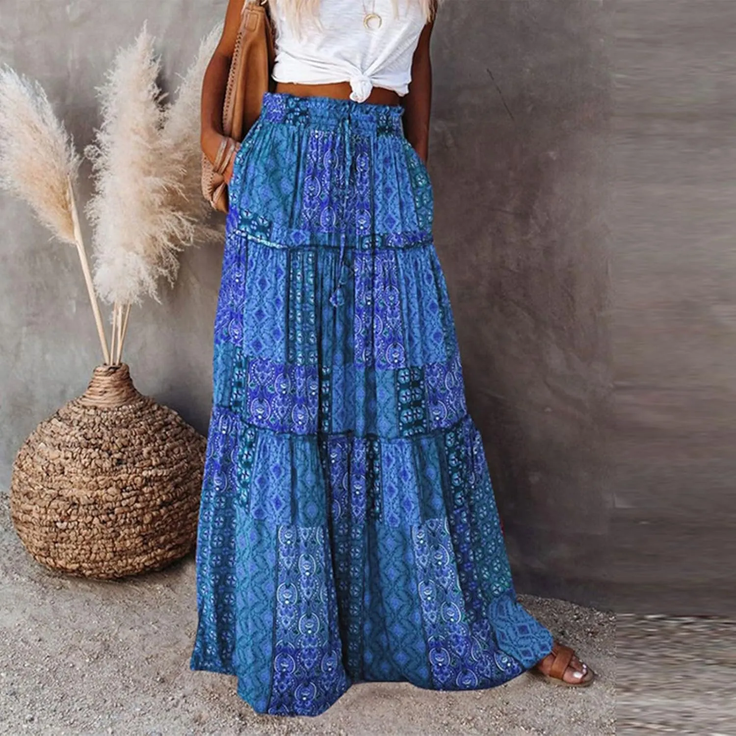 Maxi Skirts for Women,Womens Boho Maxi Skirt with Pockets Trendy Linen Elastic High Waisted Flowy Long Skirts 2025