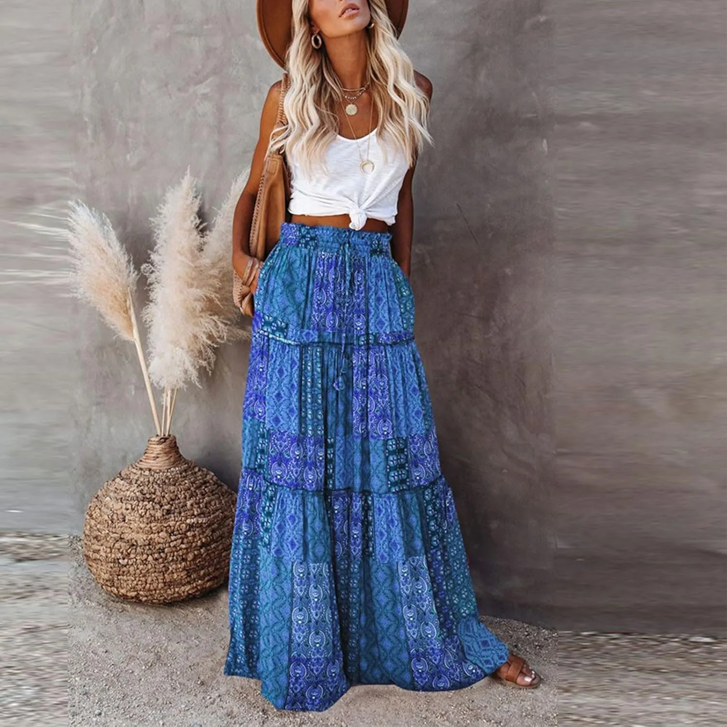 Maxi Skirts for Women,Womens Boho Maxi Skirt with Pockets Trendy Linen Elastic High Waisted Flowy Long Skirts 2025