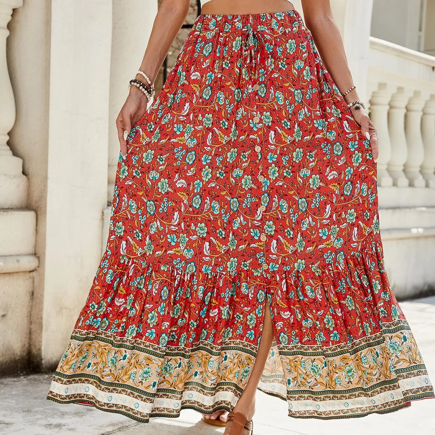 Maxi Skirts,Casual Flowy Skirts for Women 2025 Trendy Beach Vacation Long Boho Skirt Spring Summer Elastic Waist