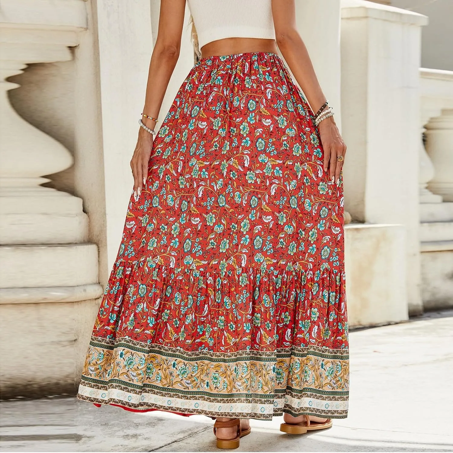 Maxi Skirts,Casual Flowy Skirts for Women 2025 Trendy Beach Vacation Long Boho Skirt Spring Summer Elastic Waist