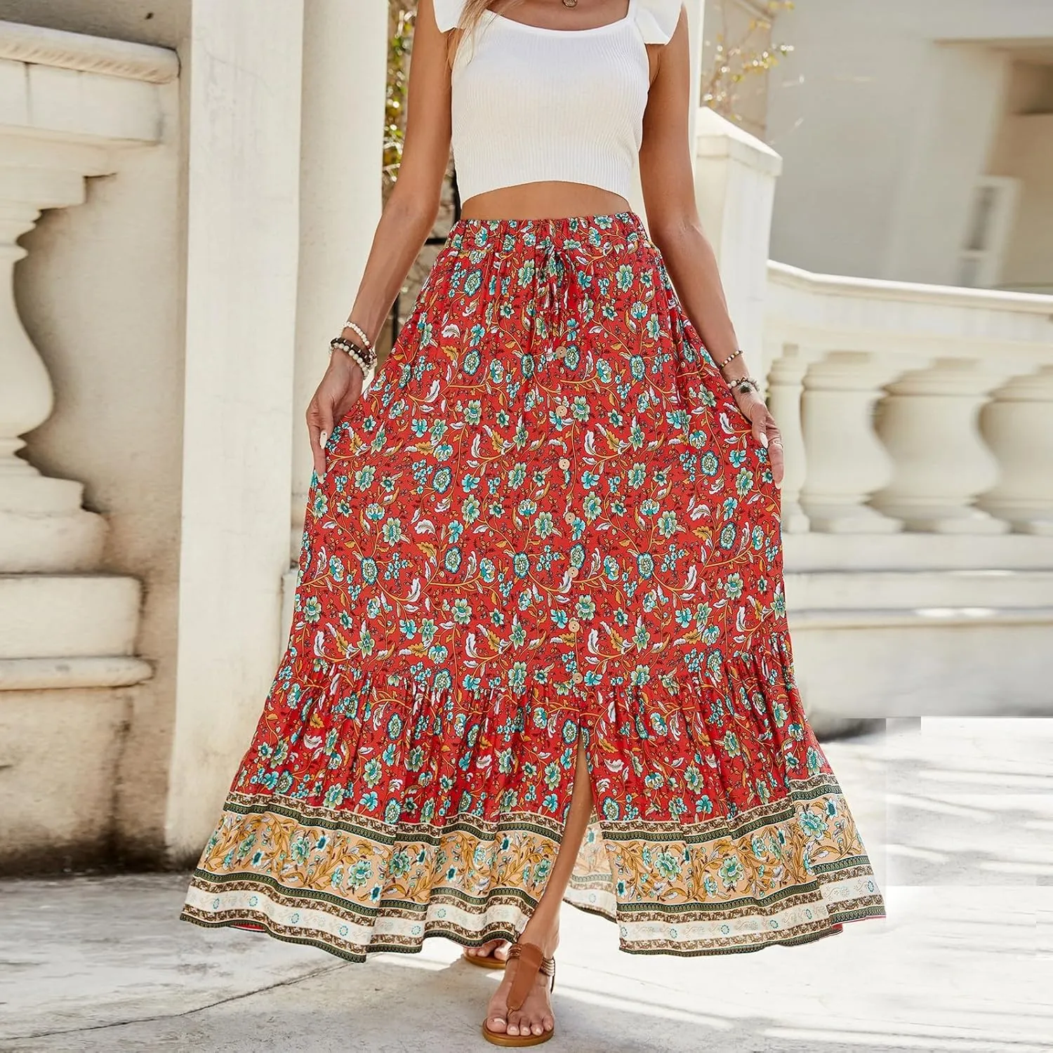 Maxi Skirts,Casual Flowy Skirts for Women 2025 Trendy Beach Vacation Long Boho Skirt Spring Summer Elastic Waist