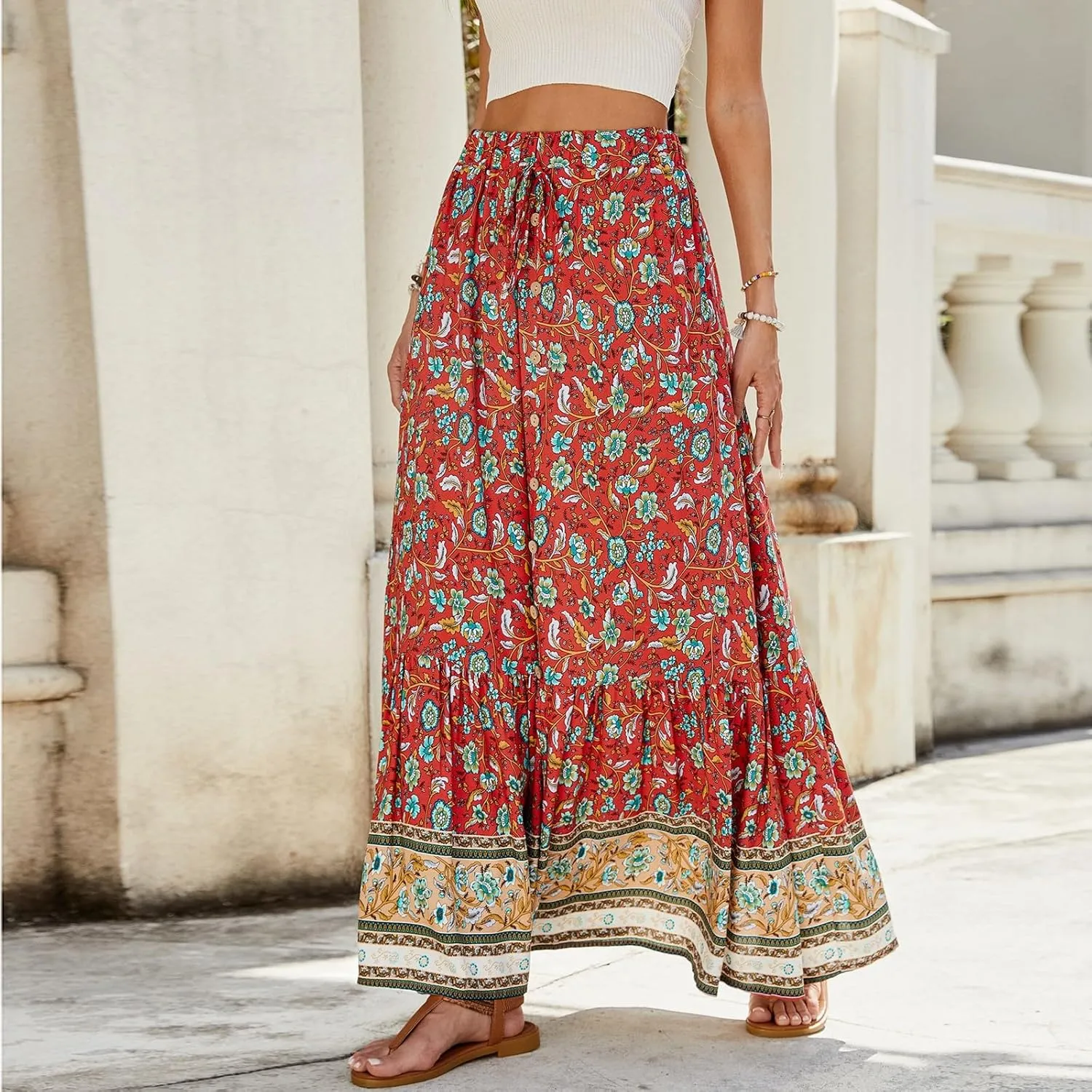 Maxi Skirts,Casual Flowy Skirts for Women 2025 Trendy Beach Vacation Long Boho Skirt Spring Summer Elastic Waist