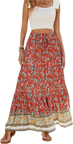 Maxi Skirts,Casual Flowy Skirts for Women 2025 Trendy Beach Vacation Long Boho Skirt Spring Summer Elastic Waist