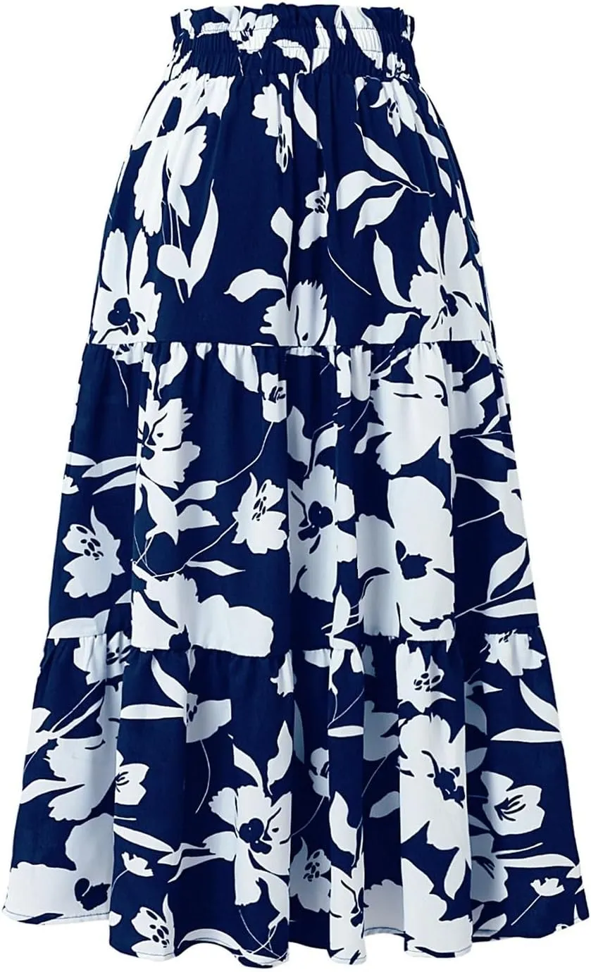 Maxi Skirt,Womens Boho Maxi Skirt with Pockets Elastic High Waisted Linen Summer Flowy Long Skirts for Women 2025