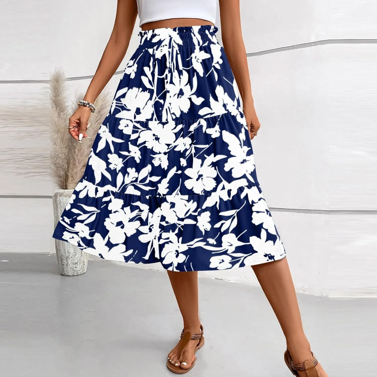 Maxi Skirt,Womens Boho Maxi Skirt with Pockets Elastic High Waisted Linen Summer Flowy Long Skirts for Women 2025