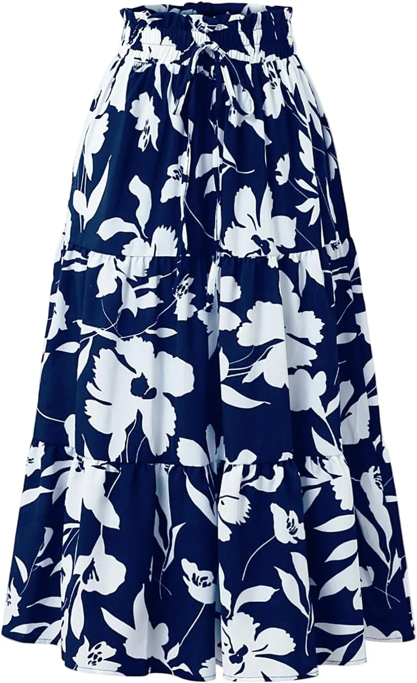 Maxi Skirt,Womens Boho Maxi Skirt with Pockets Elastic High Waisted Linen Summer Flowy Long Skirts for Women 2025