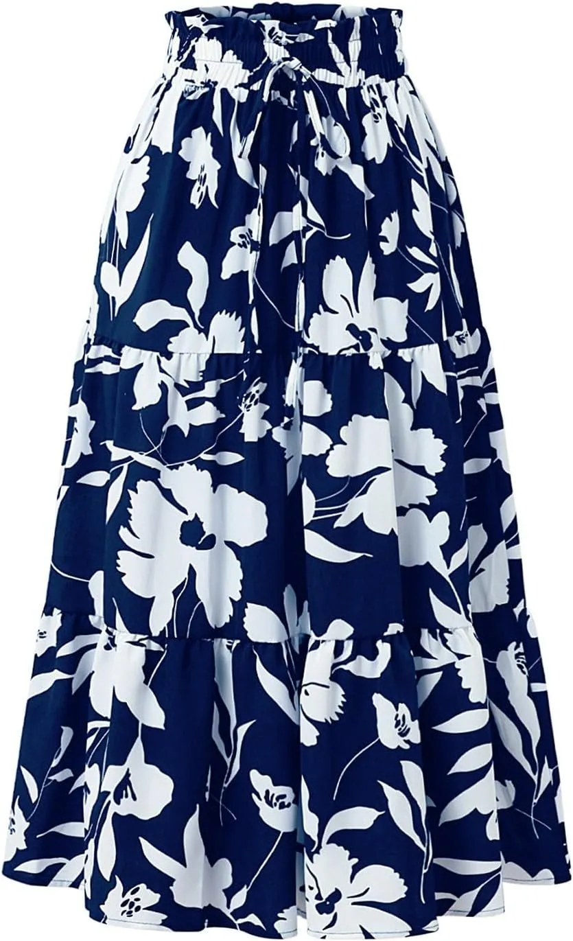 Maxi Skirt,Womens Boho Maxi Skirt with Pockets Elastic High Waisted Linen Summer Flowy Long Skirts for Women 2025