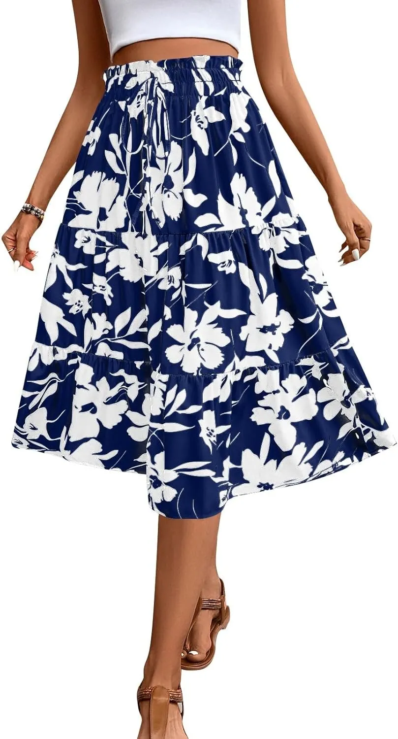 Maxi Skirt,Womens Boho Maxi Skirt with Pockets Elastic High Waisted Linen Summer Flowy Long Skirts for Women 2025