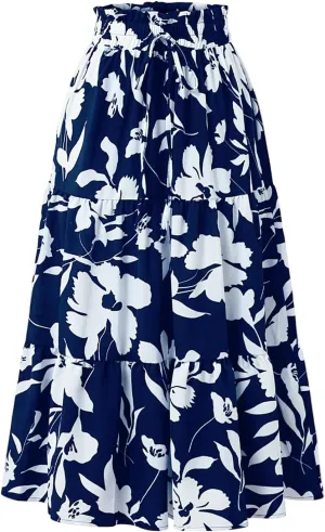 Maxi Skirt,Womens Boho Maxi Skirt with Pockets Elastic High Waisted Linen Summer Flowy Long Skirts for Women 2025