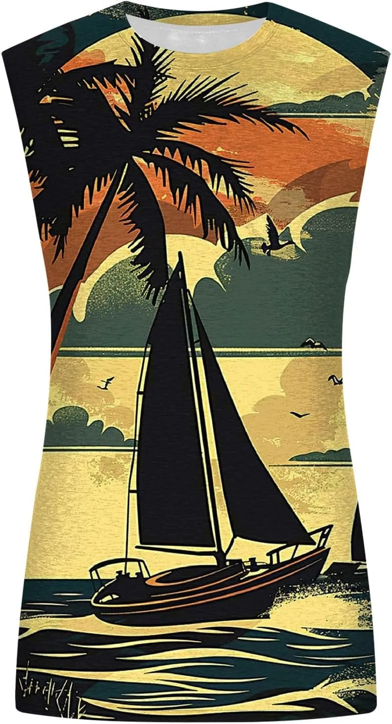 Mens 3D Tank Tops Summer Loose Fit Graphic Sleeveless T-Shirt Tropical Beach Vintage Shirts Casual Workout Muscle Tee