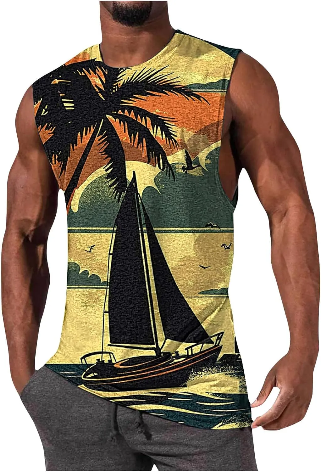 Mens 3D Tank Tops Summer Loose Fit Graphic Sleeveless T-Shirt Tropical Beach Vintage Shirts Casual Workout Muscle Tee