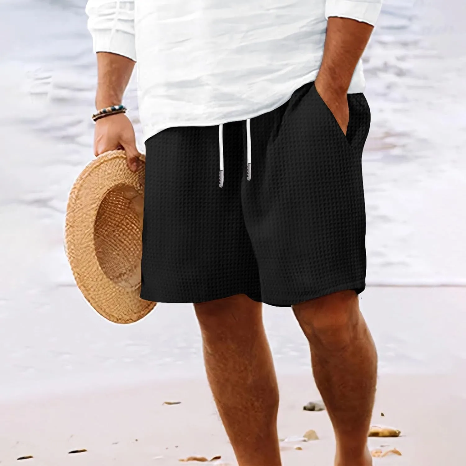 Mens Casual Shorts Waffle Elastic Waist Drawstring Workout Running Jogging Shorts Solid Beach Summerwear