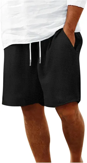 Mens Casual Shorts Waffle Elastic Waist Drawstring Workout Running Jogging Shorts Solid Beach Summerwear