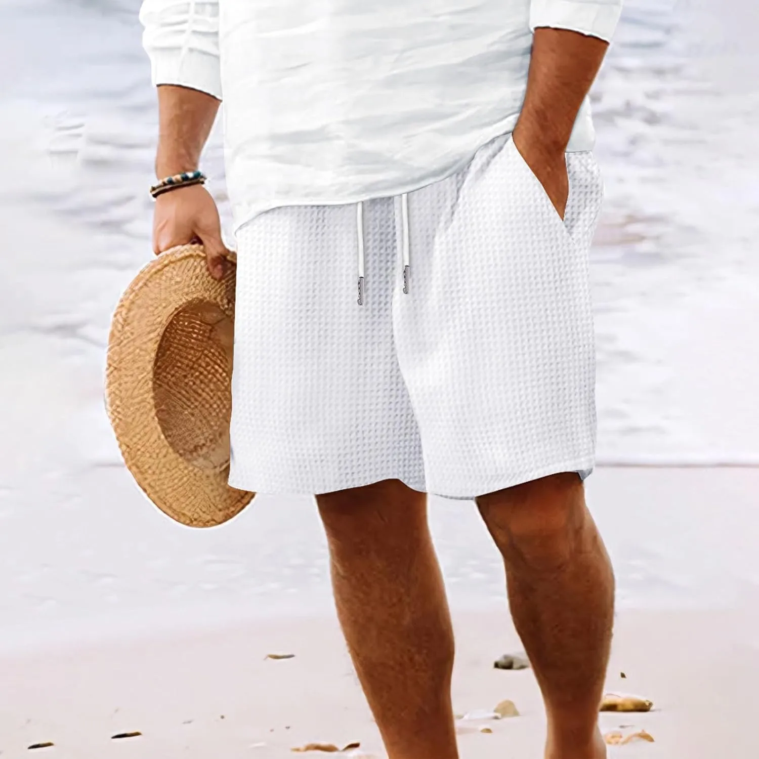 Mens Casual Shorts Waffle Elastic Waist Drawstring Workout Running Jogging Shorts Solid Beach Summerwear