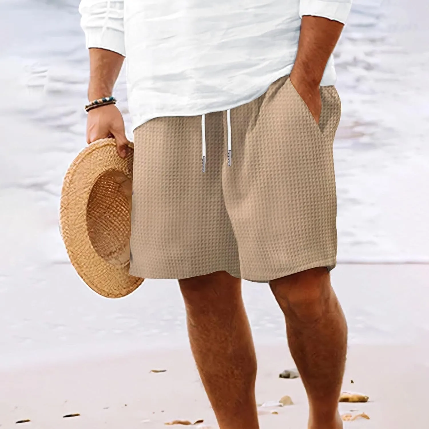 Mens Casual Shorts Waffle Elastic Waist Drawstring Workout Running Jogging Shorts Solid Beach Summerwear