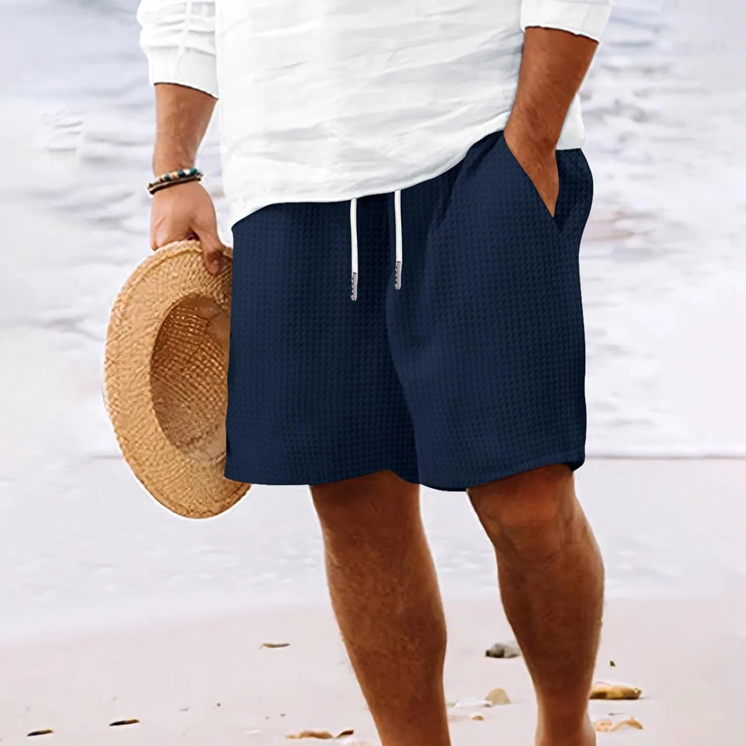 Mens Casual Shorts Waffle Elastic Waist Drawstring Workout Running Jogging Shorts Solid Beach Summerwear